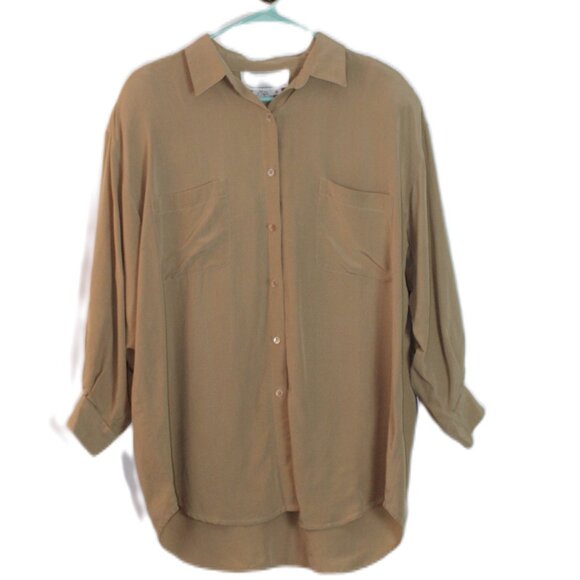 Adrienne Vittadini Tan Button Down 3/4 Sleeve 100% Silk Size M - Picture 1 of 6